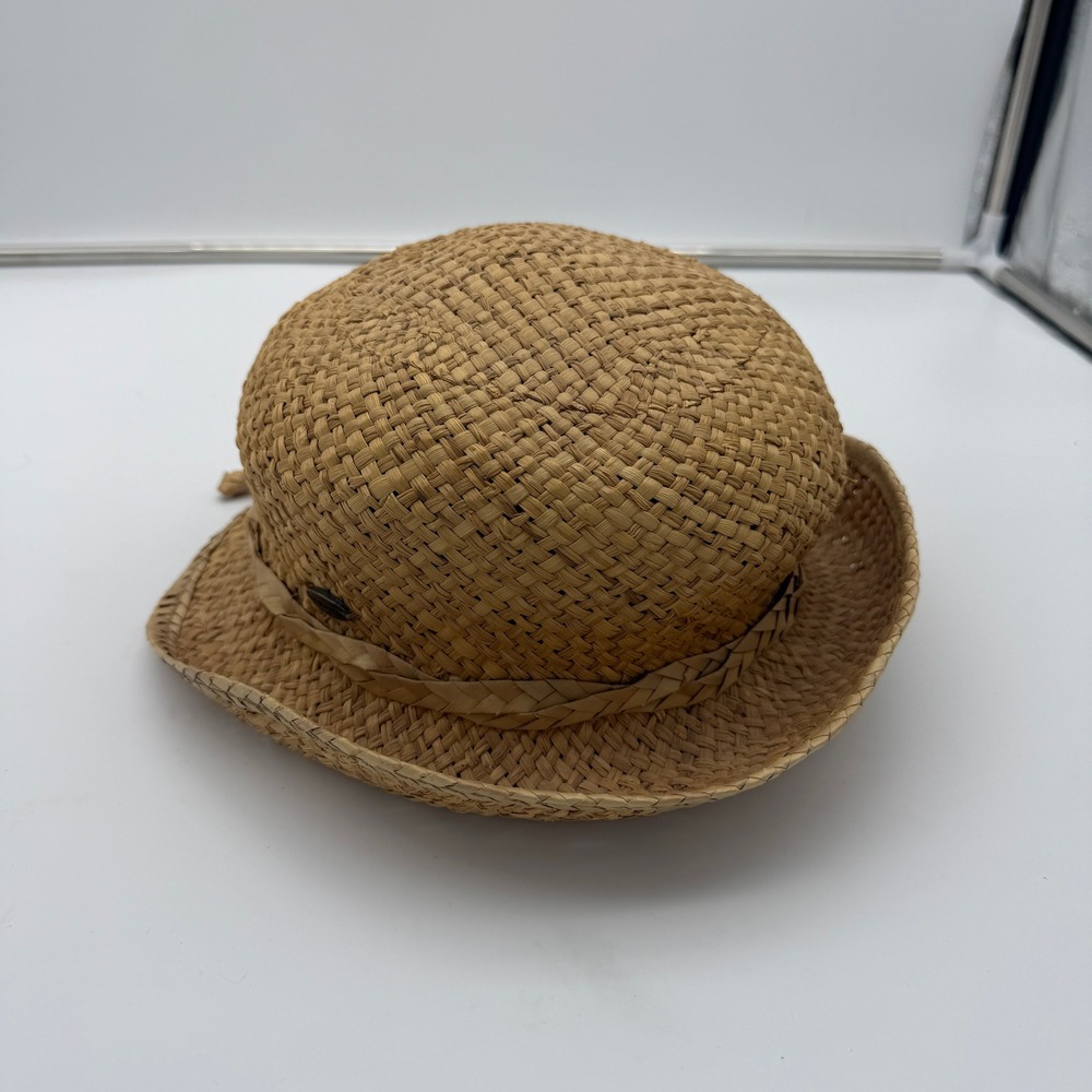 Liz Claiborne Tan Straw Cloche Hat Woven Sun Hat with Braided Bow Accent